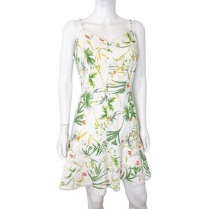 A Loves A White Tropical Floral Linen Blend Ruffle Hem Summer Sun Dress, 8